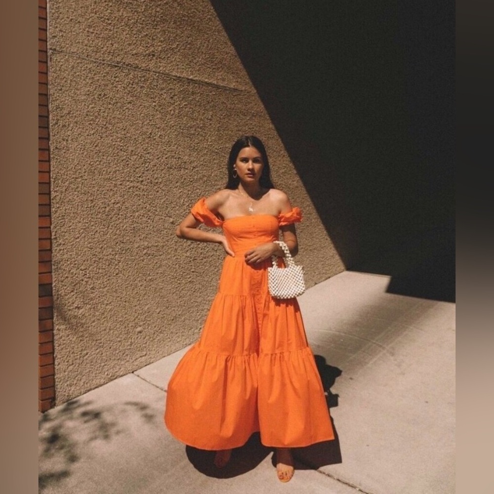 STAUD Elio Off-Shoulder Puff Sleeve Tiered Midi Dress in Tangerine - Size 4